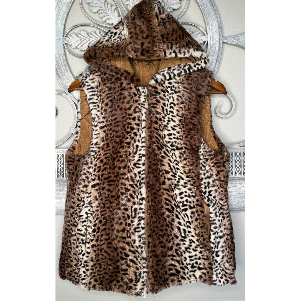 Louise Paris Womens Reversible Leopard Faux Fur Quilted Puffer Vest Sz XL Brown